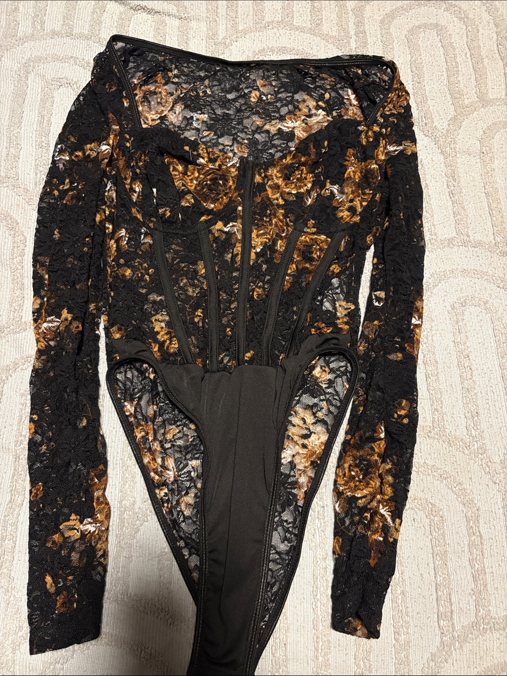 SHEIN Black and Brown Floral Lace Long-Sleeve One-Piece Bodysuit